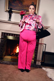 Plus Size printed silk long sleeve tie blouse with wide leg pants 2 piece set