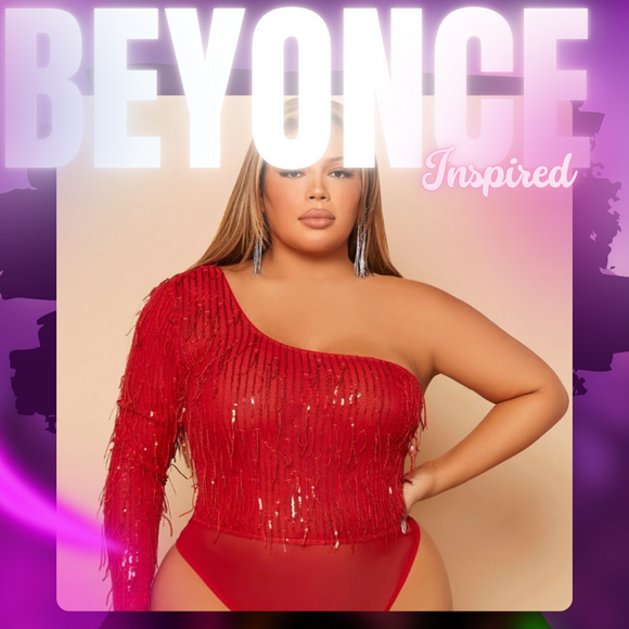 Plus One Shoulder Sequin Contrast Mesh Bodysuit