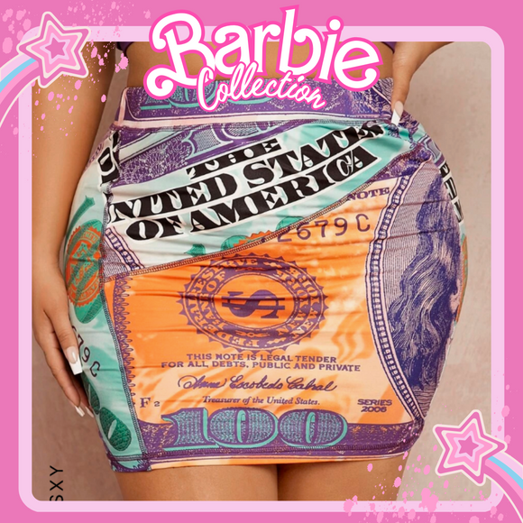 BARBIE COLLECTION: Plus Hundred Dollar Print Bodycon Skirt