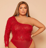 Plus One Shoulder Sequin Contrast Mesh Bodysuit
